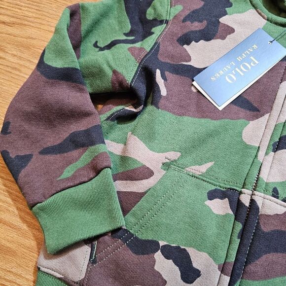 Polo Ralph Lauren Pony Logo Camo Jacket Full Zip Hoodie Girls Size 4 Green Black - Picture 7 of 9